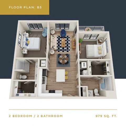 Floor plan for 2 beds, 2 baths, 979 sqft